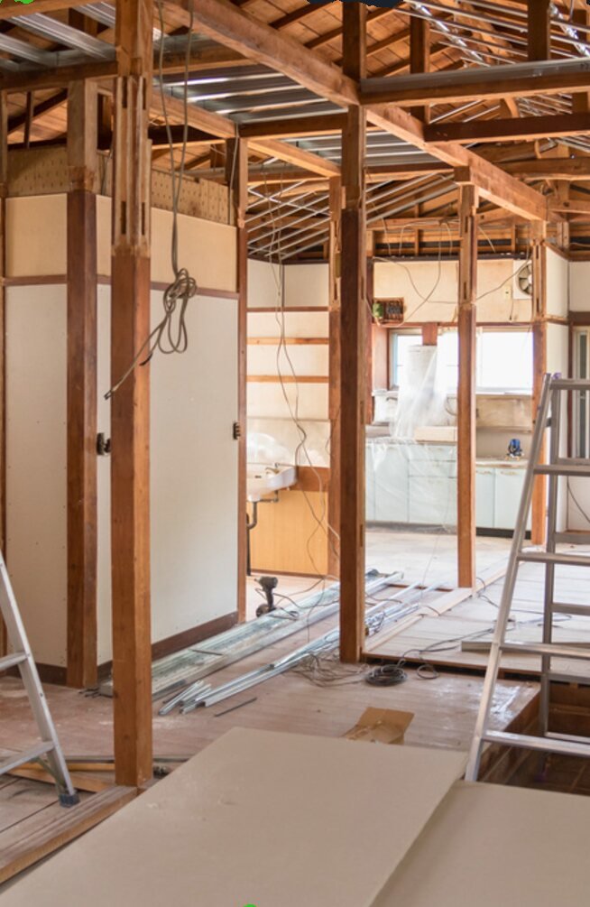 Building under renovation with exposed timber frame