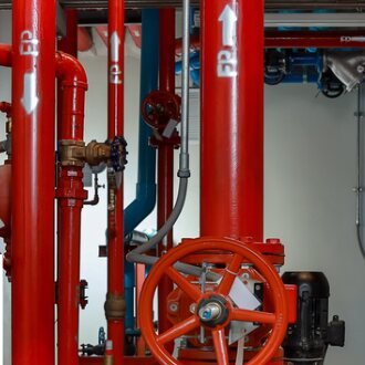 Red fire fighting pipework and valves