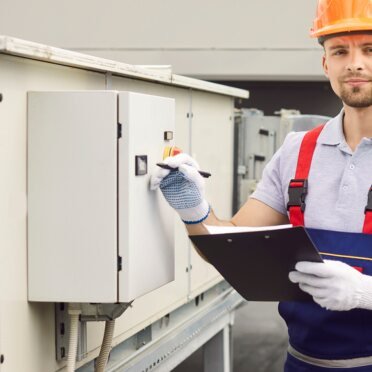 Engineer inspecting an HVAC control panel