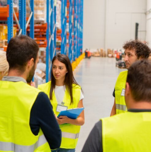 Warehouse staff briefing