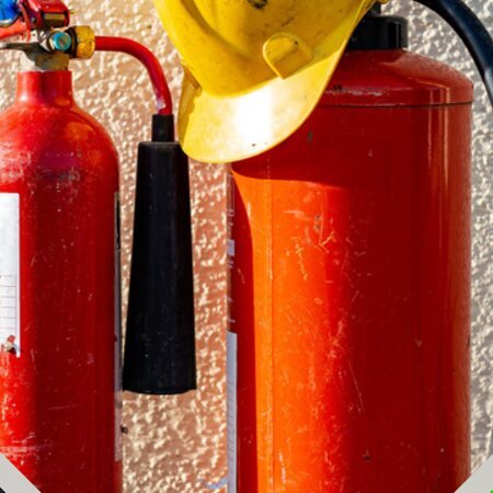 Fire extinguishers and safety helmet